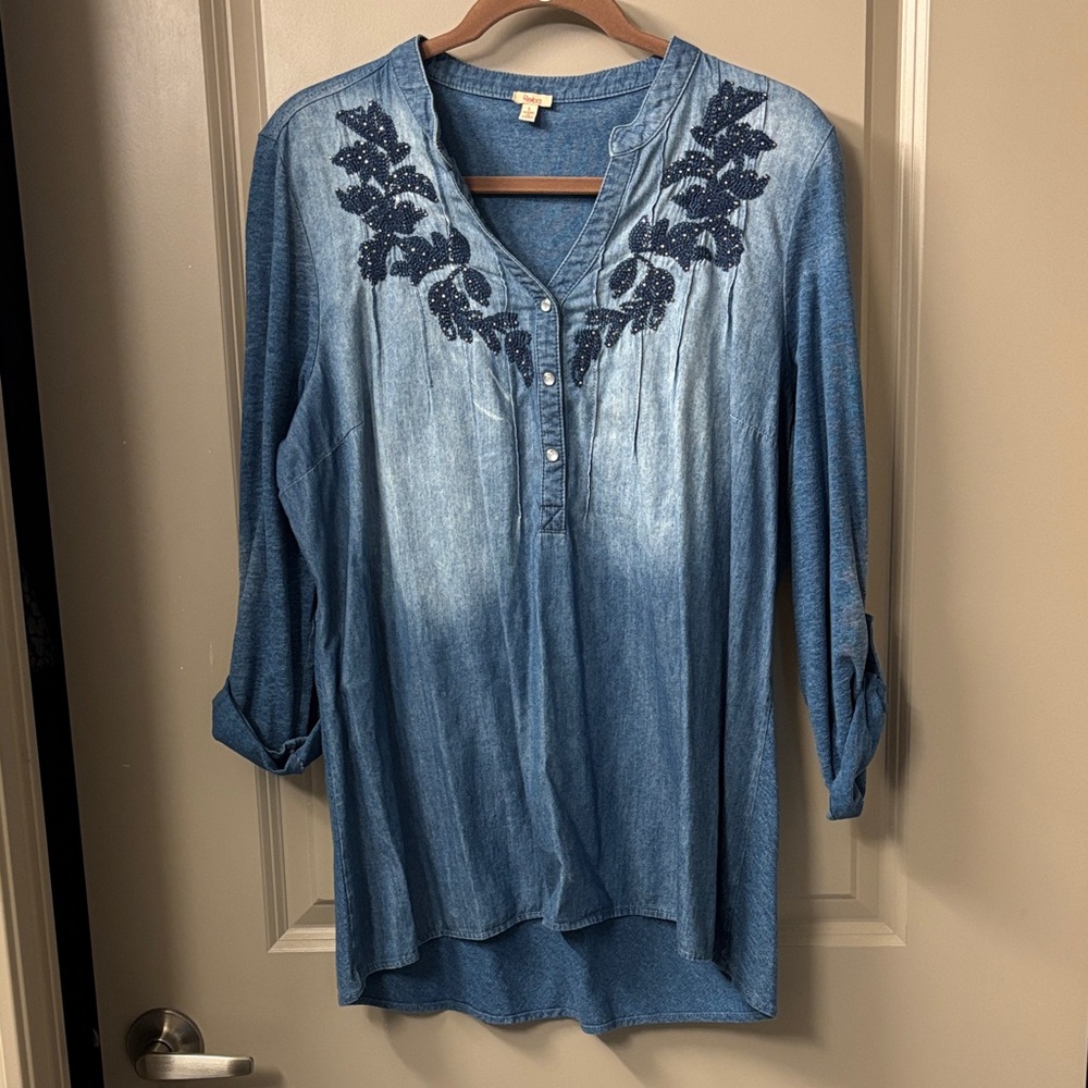 Reba Blue Denim Blouse with Floral Detail